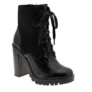 BCBGENERATION Womens Black Stretch Cushioned Lug Sole Lace up Booties
